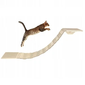 QLS Katzenbrücke mit 2 Katzenliegen Set 130 cm Wandbefestigung Naturholz Beige - Zdjęcie 1 z 5