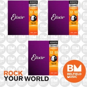 3 x Elixir 11052 Acoustic Guitar Strings Nanoweb Light 12-53 80/20 Bronze A-NW-L - Picture 1 of 2