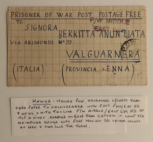 Kenia 1942 Segunda Guerra Mundial PoW Prisionero de Guerra África Oriental Comando Enna Italia Carta Cubierta - Imagen 1 de 3