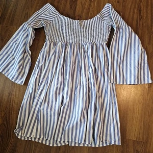 Vestido para mujer Torrid azul y blanco a rayas con hombros descubiertos talla 2 caprichoso - Imagen 1 de 13