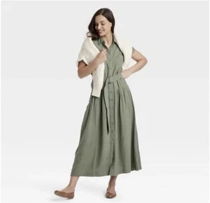 Midi-Shirtkleid Damen groß Leinenmischung Utility Tasche Gürtel olivgrün - Bild 1 von 16