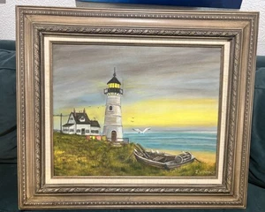 Vintage Painting Seaside Lighthouse Seascape Beach Coastal Landscape Signed - Picture 1 of 11