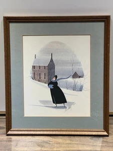 P Buckley Moss Winter Skater Print 1983 Framed Double Matted Signed #69/1000 VTG - Picture 1 of 24