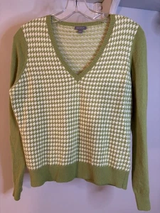 VTG ANN TAYLOR Lime Green & White Houndstooth V Neck Sweater L Angora Academia - Picture 1 of 5