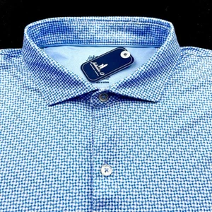Johnnie O Performance Golf Polka Dot Print Polo Shirt Blue White Large - Picture 1 of 6