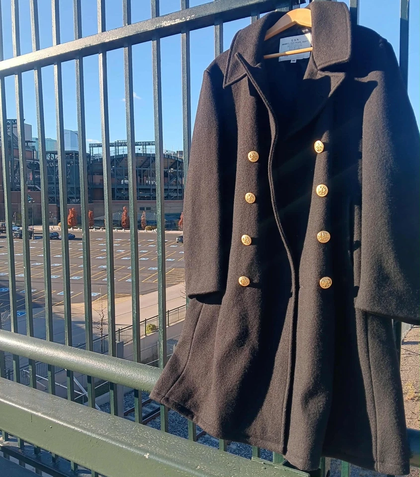 Abrigo Puente Azul Marino EE. UU. Chaquetón Negro 100% Lana Pesado Águila Botones Dorados  Foto 1 de 4