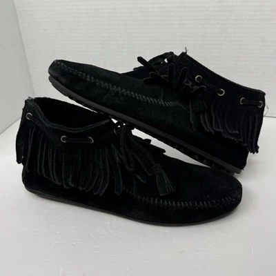 Minnetonka Mocasines Flecos Botines Mujer’s 9 Negro Gamuza Cremallera Suela de Goma Foto 1 de 4