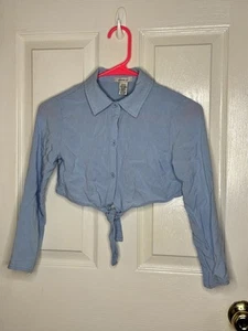 Olivia Kay Cropped Top Girls Size Large 10-12 Blue Button Up Tie Front Shirt - Picture 1 of 4
