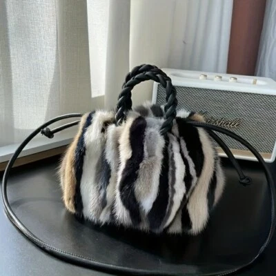 100% Mink Fur Women's Fashion Stripe Bag Women Handbags Evening Bags XMAS Gift - Image 1 of 4