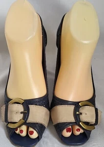 Moda In Pelle Peep Toe Leather High Heels Buckle Detail Rubber Sole Blue Uk 4 - Picture 1 of 8