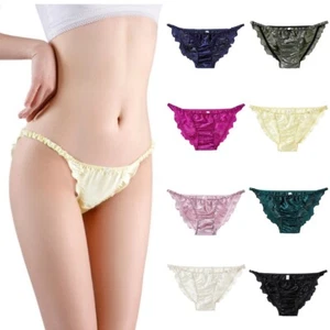 Damen Seide Satin Höschen Tanga Rüschen Slip Dessous Reizwäsche Schlüpfer - Bild 1 von 25