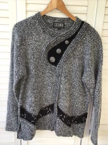 CASAMIA exklusiver grau-schwarzer bestickter Pullover Angora Wolle Faux Cardigan weich 42" - Bild 1 von 9