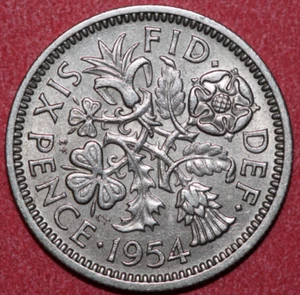 Great Britain 1954 6 Pence, Leek Rose Thistle and Shamrock-Foreign Coin 19.5mm - Picture 1 of 2