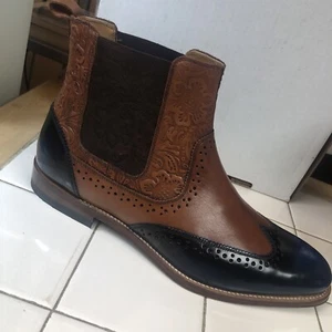 Stacy Adams Brockton Hand Tooled Chelsea Boot 9 M Cognac Blue NEW - Picture 1 of 13