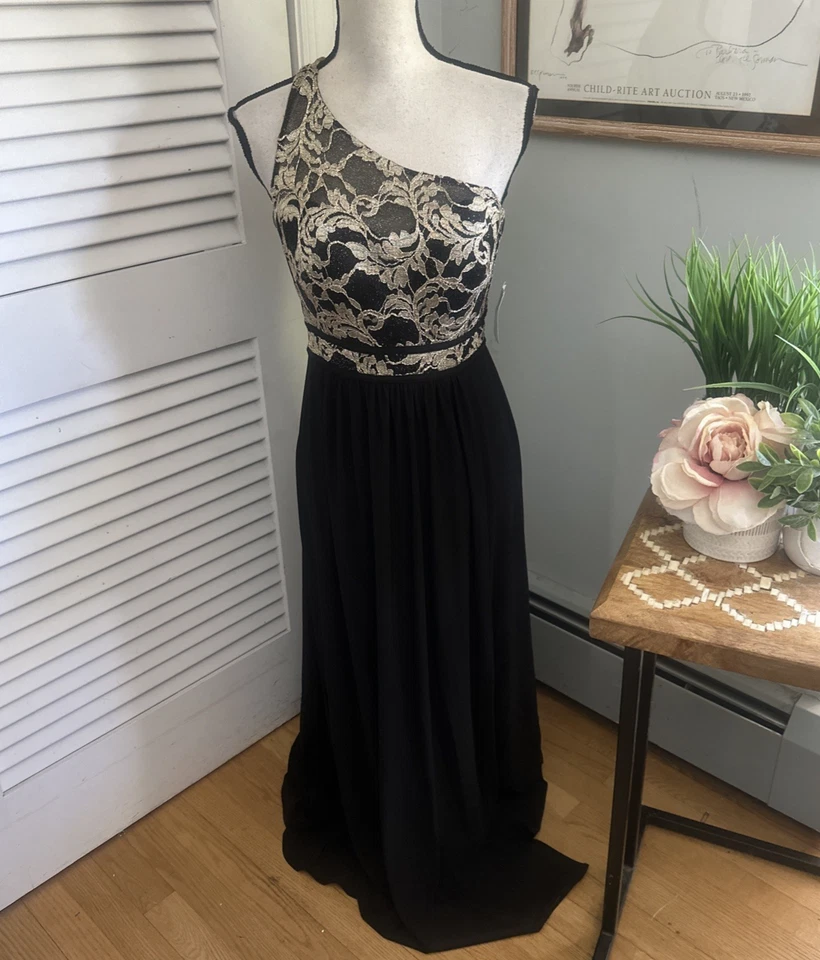 DAVIDS BRIDAL MORGAN CO Mujer Vestido 4 Negro Dorado Un Hombro Vestido Noche Glamour Foto 1 de 4