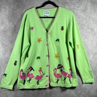 The Quacker Factory Cardigan Sweater Womens Medium Green Knit Flamingo Artsy - Image 1 of 4