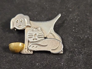Vintage 925 Sterling Silver Modernist Dog And Cat Pin Brooch OMA Taxco Mexico - Picture 1 of 10
