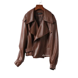 Abrigo corto de cuero real para mujer abrigo holgado cuello solapa motocicleta resorte - Imagen 1 de 28