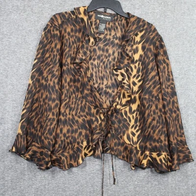 女式大码 20W 领带开衫上衣动物印花透明荷叶边棕色 — 第 1/4 张图片