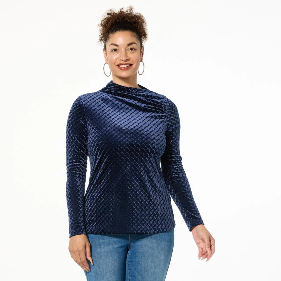 DG2 by Diane Gilman Asymmetric Long-Sleeve Velvet Top Shirt Navy XS New - Image 1 of 1