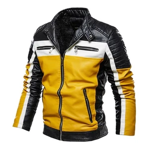 Warm Fleece Lined Biker Jacket Men's Stand Collar Leather Coat Winter S31 - Picture 1 of 9