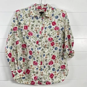 Talbots Shirt Womens 10 White Floral Print Button Front Long Sleeve Top Roll Tab - Picture 1 of 11