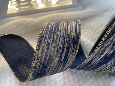 WINTER DRIFTWOOD Gold & Silver on Blue Christmas - Luxury Wire Edge Ribbon NEW - Image 1 of 3