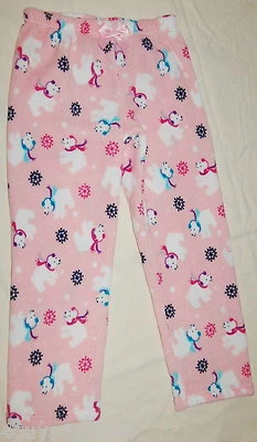 Girls Pajamas PINK PLUSH SLEEP PANTS Snowflake POLAR BEARS Earmuffs L 10-12 - Image 1 of 2