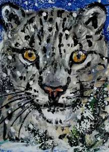 ORIGINAL ACEO Schnee LEOPARD Gemälde Winter große KATZE Tier Kiefer Natur KUNST - Bild 1 von 1