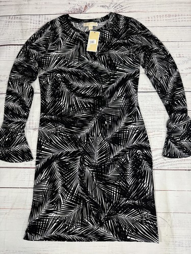 Abito Bodycon Michael Kors Nero Bianco Mini Foglie Stampa All Over Elasticizzato M Nuovo con etichette
