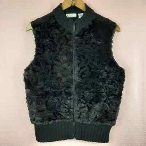 Kim Rogers Women Faux Fur Black Vest Combo Ribbed Knit Back Stretch Size L - Picture 1 of 10