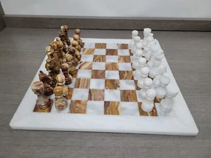 Chess Set 12" Autumn Red/Cinder White Onyx/Marble Handmade With Wood Case NEW! - Picture 1 of 18