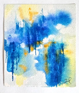 Pintura Acuarela Original 6 x 7" Azul Amarillo Naranja Firmada - Imagen 1 de 3
