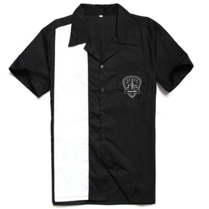 Men Shirts Short Sleeve Music Note Embroidered Rockabilly Bowling Casual Shirts - Picture 1 of 2