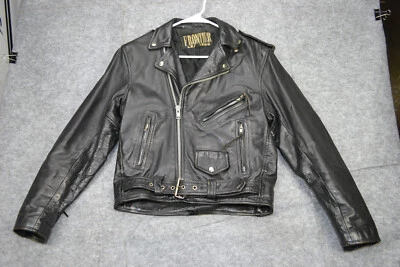 VTG Frontier Mens 36 Genuine Leather Jacket Black Biker Punk Zip Y2K Quilted 80s - Image 1 of 4