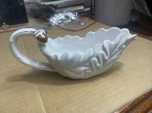 Heather Goldminc Blue Sky Gravy Boat White And Gold Trim 8.5” L X 2.5” H - Picture 1 of 9