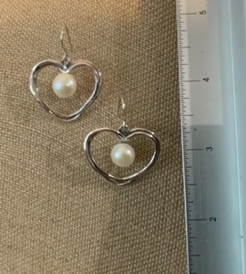Artisan Large Sterling Silver Heart Freeform Design W/ Pearl Dangle Earrings - Picture 1 of 4