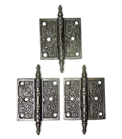 3 Antique Ornate Eastlake Victorian Steeple Tip Door Hinges 3" x 3" Cover
