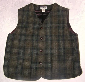 Vintage LL Bean Green Plaid Wool Button Front Vest - Men's Size Medium - Picture 1 of 8