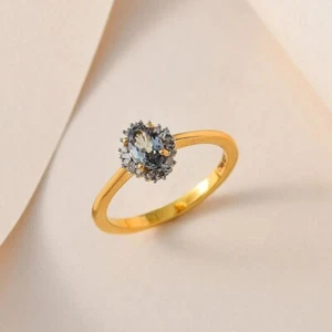 Tanzanite Green & Diamond Halo Ring in Vermeil Yellow Gold Over Sterling Silver - Picture 1 of 6