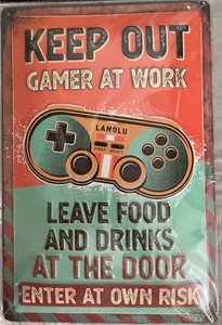 "KEEP OUT - GAMER AT WORK" Embossed STEEL RETRO SIGNS Designed in Germany! - Picture 1 of 2