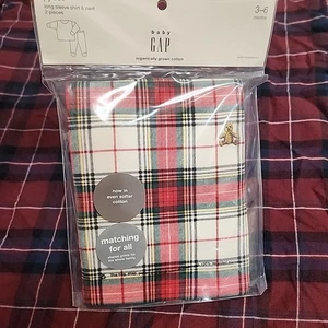 Baby Gap 2-teiliges Pyjamahose & Hemd Set rot kariert mit Bär 3-6 M - Bild 1 von 4
