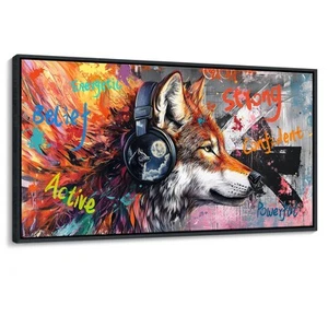 Framed Canvas Wall Art, Large Modern Graffiti Street Art Wolf with Headphones... - Picture 1 of 6