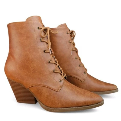 Qupid Ankle Boots Size 9 Brown Lace Up Western Block Heel Booties Pointed Toe - Image 1 of 4