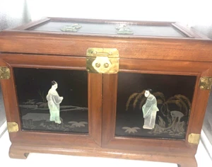 Vintage Chinese Oriental Chinoiserie 15'' Wood Jade Jewelry case - Picture 1 of 12