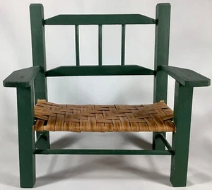Country Primitive Wooden Doll Bench Green Paint Natural Woven Seat 11”x5.5”x12” - Picture 1 of 5
