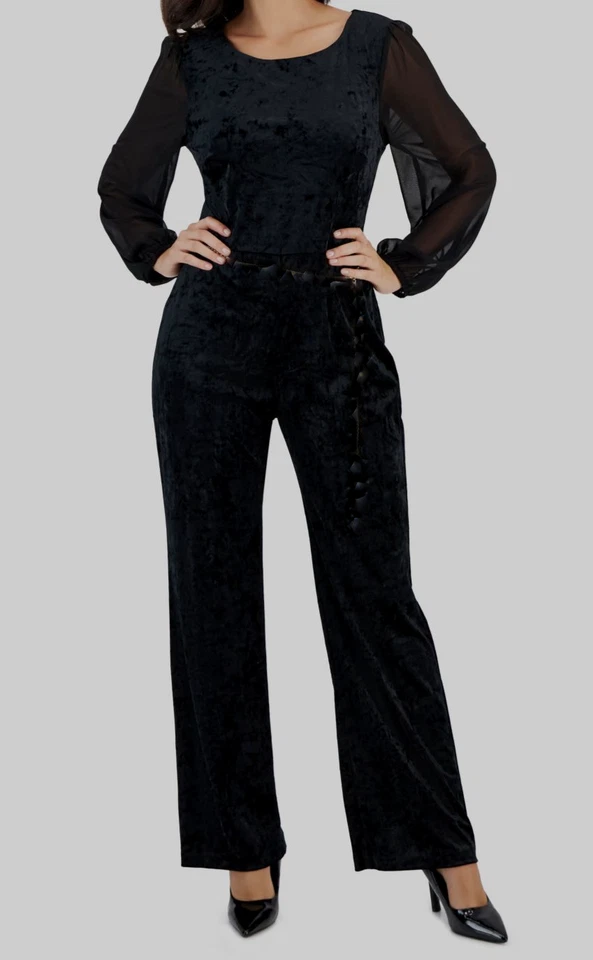 Connected Apparel Women's Black Round Neck Velvet Jumpsuit Petite Size 14P