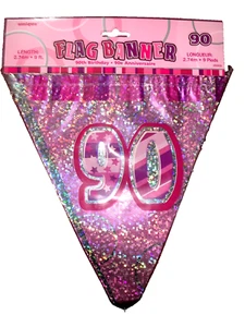 9ft Pink Glitz 90th Birthday Party Flag Banner - Picture 1 of 5