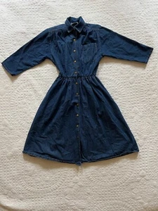 Vintage Denim Trad Dress Shoulder Pads Cottage Long Sleeve Medium Size 24 - Picture 1 of 11