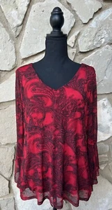 Sara Michelle Dressy Top Large Red Black Glitter Lined Mesh Key Hole Back EC - Picture 1 of 12